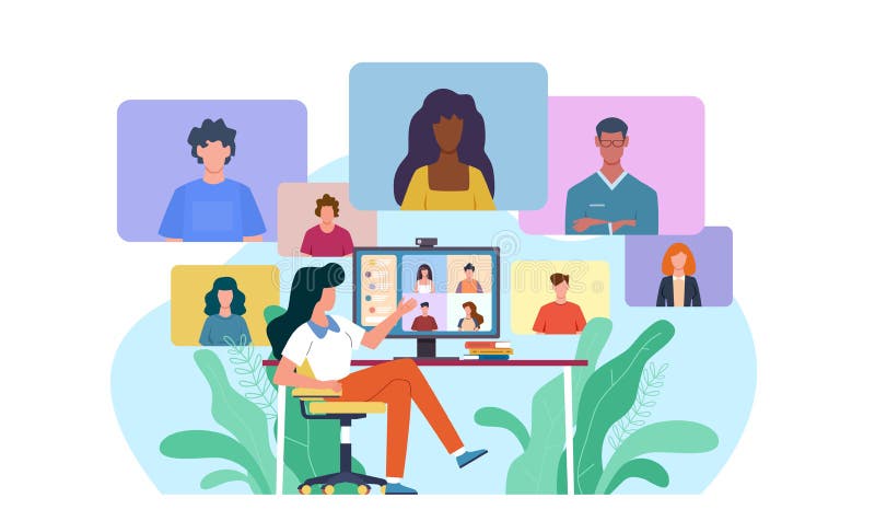 Videoconferentie. de vrouw aan het bureau biedt collectieve virtuele chat. online het werkteam van de bedrijfsvergadering webinar Videoconferentie. de vrouw aan het bureau biedt collectieve virtuele chat. online het werkteam van de bedrijfsvergadering webinar