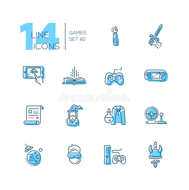 Videogokken - geplaatste lijnpictogrammen vector illustratie Videogokken - geplaatste lijnpictogrammen vector illustratie
