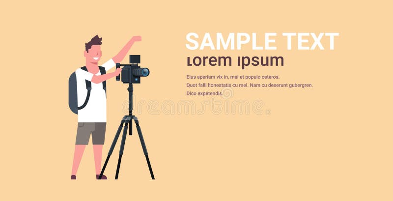 Videographer profesional usando cámara en el vídeo del tiroteo del hombre del trípode en espacio plano integral horizontal de libre illustration Videographer profesional usando cámara en el vídeo del tiroteo del hombre del trípode en espacio plano integral horizontal de libre illustration