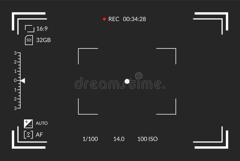 Videoregistratore. schermo di messa a fuoco della telecamera. telecamera a schermo nero con parametri di ripresa video qualità vid illustrazione di stock