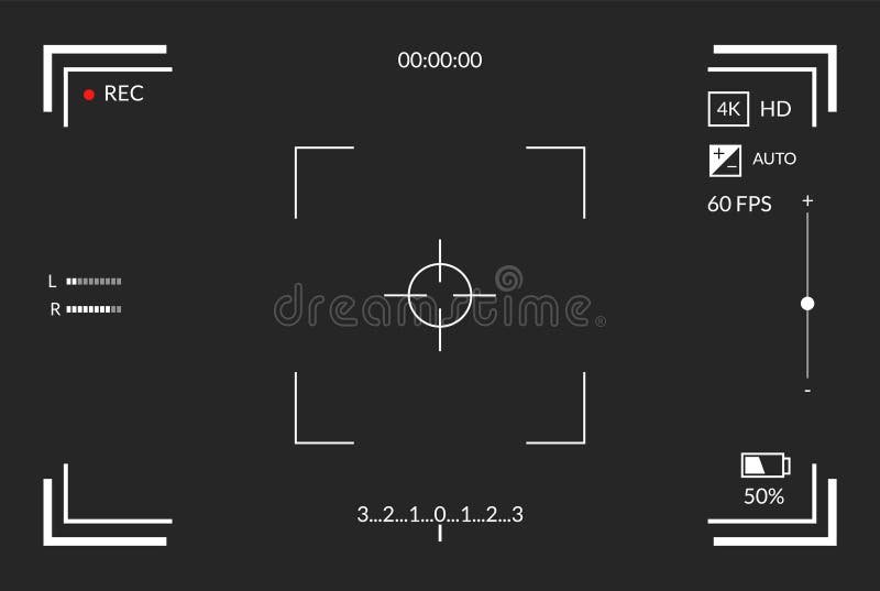 Videoregistratore. schermo di messa a fuoco della telecamera. telecamera a schermo nero con parametri di ripresa video qualità vid illustrazione di stock
