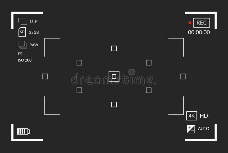 Videoregistratore. schermo di messa a fuoco della telecamera. telecamera a schermo nero con parametri di ripresa video qualità vid illustrazione di stock