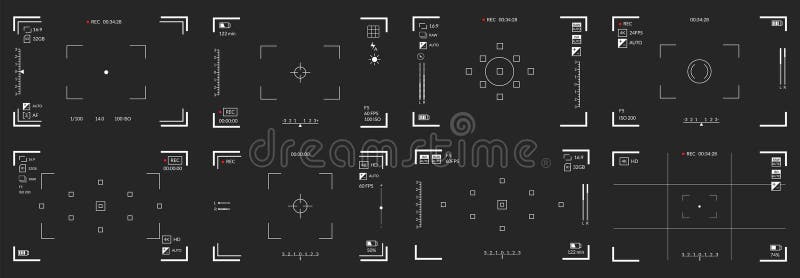 Videoregistratore. schermo di messa a fuoco della telecamera. telecamere a schermo nero con parametri di ripresa video illustrazione vettoriale