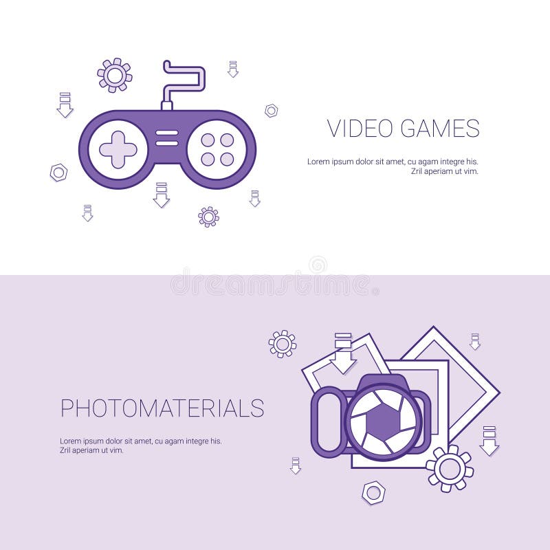 Videospiel-und Foto-Material-Konzept-Schablonen-Netz-Fahne mit Kopien-Raum vektor abbildung Videospiel-und Foto-Material-Konzept-Schablonen-Netz-Fahne mit Kopien-Raum vektor abbildung