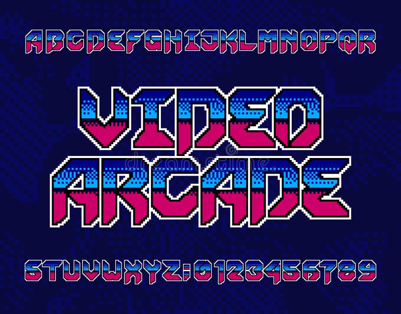 Video Arcade alphabet font. Retro pixel letters and numbers. Pixel background. 80s electronic game typescript. Video Arcade alphabet font. Retro pixel letters and numbers. Pixel background. 80s electronic game typescript.
