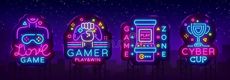 Videospielleuchtreklame-Sammlungsvektor Begriffslogos, Liebes-Spiel, Gamerlogo, Spiel-Zone, Cybersport Emblem in modernem vektor abbildung Videospielleuchtreklame-Sammlungsvektor Begriffslogos, Liebes-Spiel, Gamerlogo, Spiel-Zone, Cybersport Emblem in modernem vektor abbildung