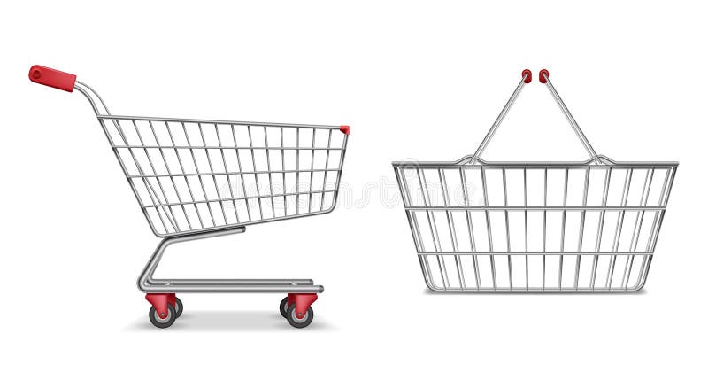 Videz la vue de côté métallique de caddie de supermarché d'isolement Panier réaliste de supermarché, vecteur au détail de chariot illustration de vecteur