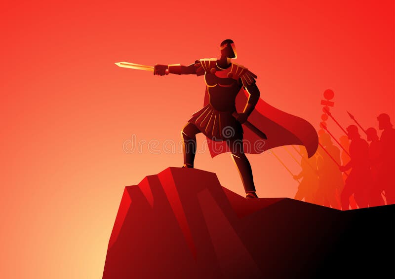 Vector illustration of Gaius Julius Caesar standing on rock commanding his army. Vector illustration of Gaius Julius Caesar standing on rock commanding his army