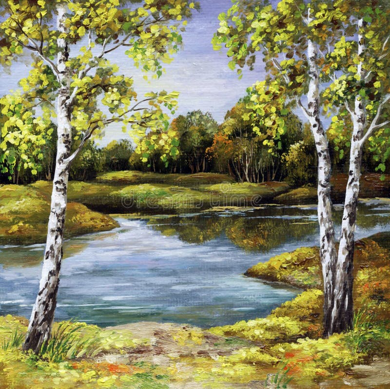 Landscape, picture oil paints on a canvas: birches on coast, autumn. Landscape, picture oil paints on a canvas: birches on coast, autumn