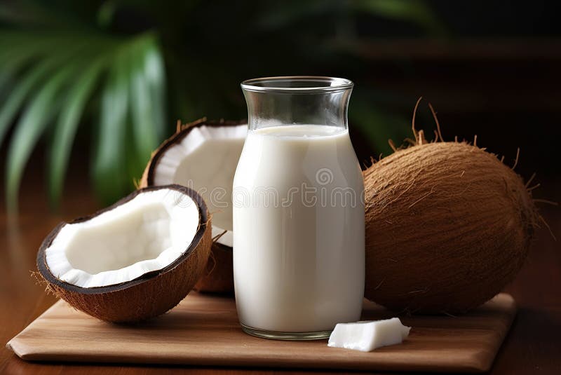 Vidrio con leche de coco y cocos frescos stock de ilustración