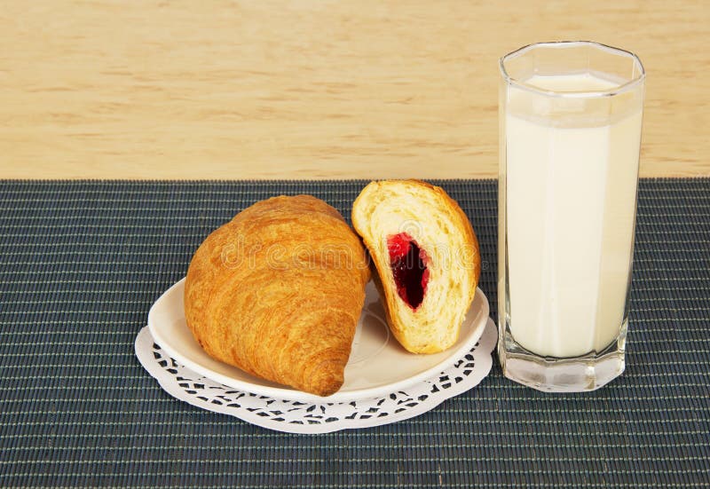 Vidrio de leche y de cruasanes imágenes de archivo libres de regalías Vidrio de leche y de cruasanes imágenes de archivo libres de regalías