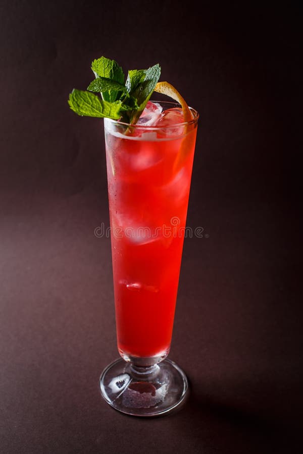 Vidrio del cóctel rojo del alcohol con la menta y la naranja en DA elegante imagenes de archivo Vidrio del cóctel rojo del alcohol con la menta y la naranja en DA elegante imagenes de archivo