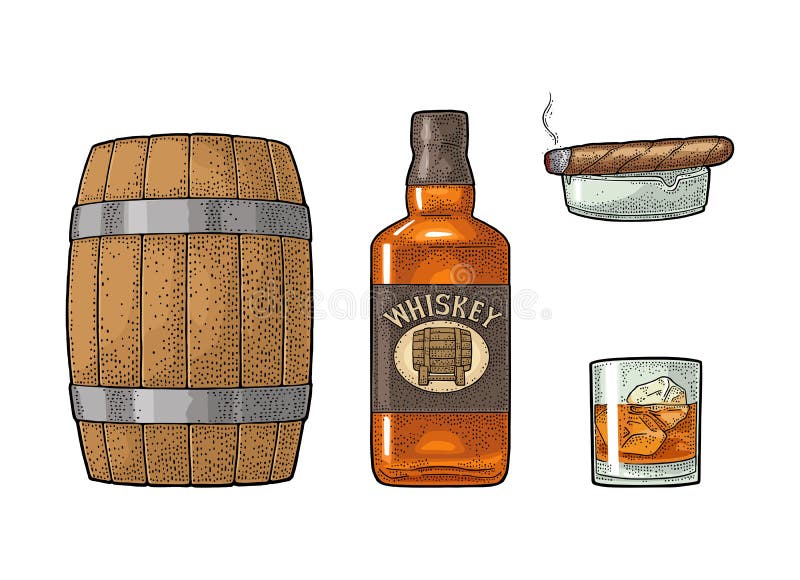 Vidrio del whisky con los cubos de hielo, el barril, la botella y el cigarro