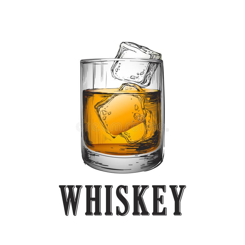 Vidrio del whisky Ejemplo dibujado mano del vector de la bebida