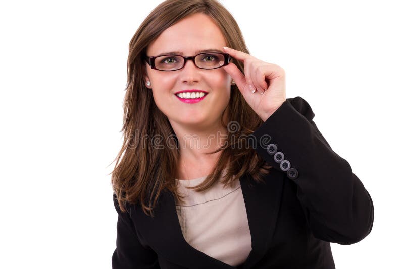 Vidrios que desgastan jovenes sonrientes de la mujer de negocios imagen de archivo Vidrios que desgastan jovenes sonrientes de la mujer de negocios imagen de archivo