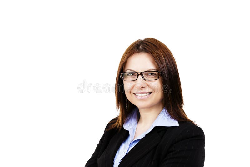 Vidrios que desgastan sonrientes de la mujer de negocios fotos de archivo libres de regalías Vidrios que desgastan sonrientes de la mujer de negocios fotos de archivo libres de regalías