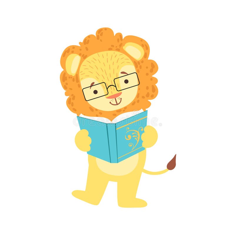 Vidrios que llevan de Lion Smiling Bookworm Zoo Character y lectura de una pieza del ejemplo de la historieta del libro de animal libre illustration Vidrios que llevan de Lion Smiling Bookworm Zoo Character y lectura de una pieza del ejemplo de la historieta del libro de animal libre illustration