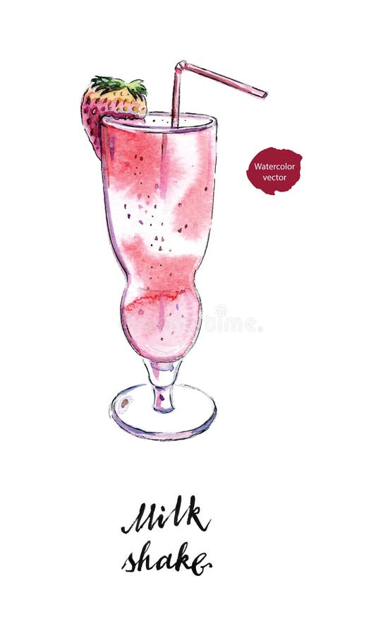 Copo de batido de leite com canudo e morango em aquarela ilustração stock