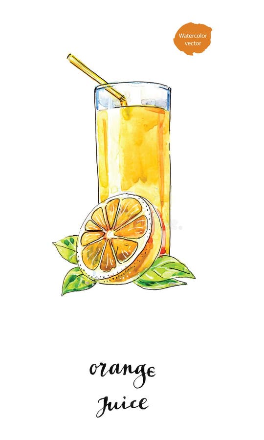 Vidro da aquarela do suco de laranja do verão com folhas e laranja ilustração stock