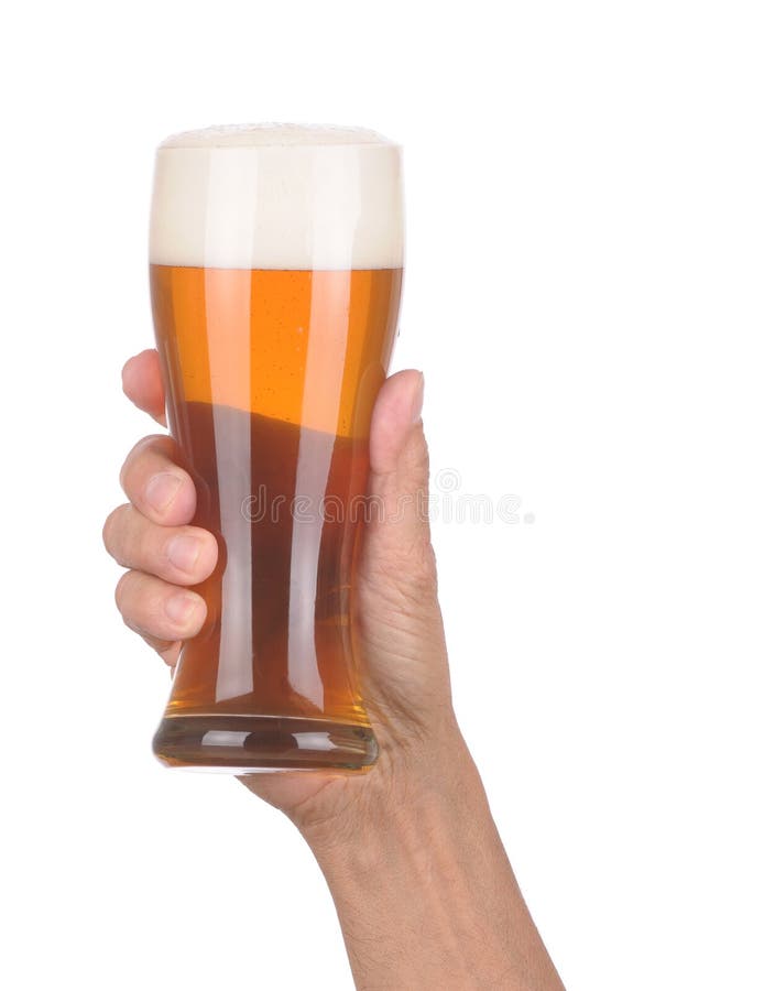 Man's Hand Holding up a Glass of Foamy Beer over a white background. Man's Hand Holding up a Glass of Foamy Beer over a white background