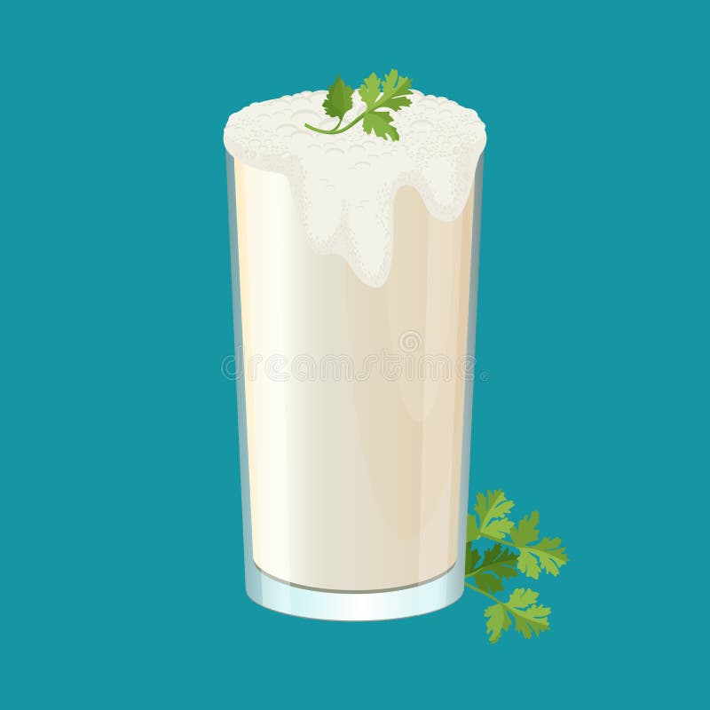 Glass of ayran with dill and parsley herbs . Doogh or Tan cold yogurt beverage mixed with salt. Refreshing drink made by mixing yogurt with iced water realistic vector illustration. Glass of ayran with dill and parsley herbs . Doogh or Tan cold yogurt beverage mixed with salt. Refreshing drink made by mixing yogurt with iced water realistic vector illustration