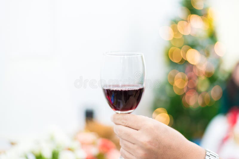 Vidro do vinho tinto para brindar no partido com parte traseira da árvore de Natal imagem de stock royalty free Vidro do vinho tinto para brindar no partido com parte traseira da árvore de Natal imagem de stock royalty free