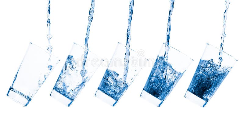 Glass pouring with splashing water - sequence set of 5 shots - isolated on white. Glass pouring with splashing water - sequence set of 5 shots - isolated on white