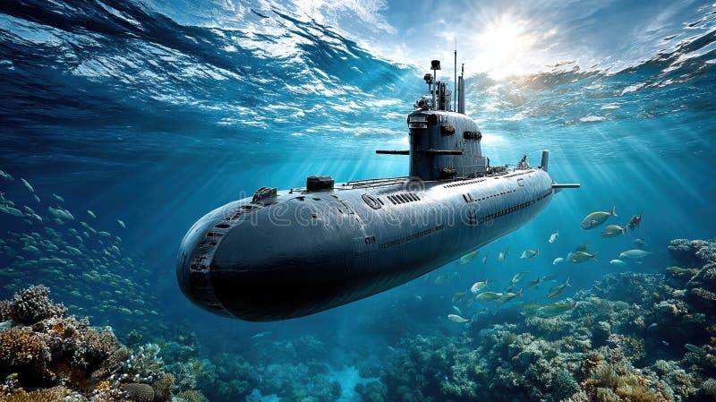 Vidro submarino submarino no meio de um coral vibrante e oceano iluminado pelo sol na cena da exploração marinha ilustração do vetor