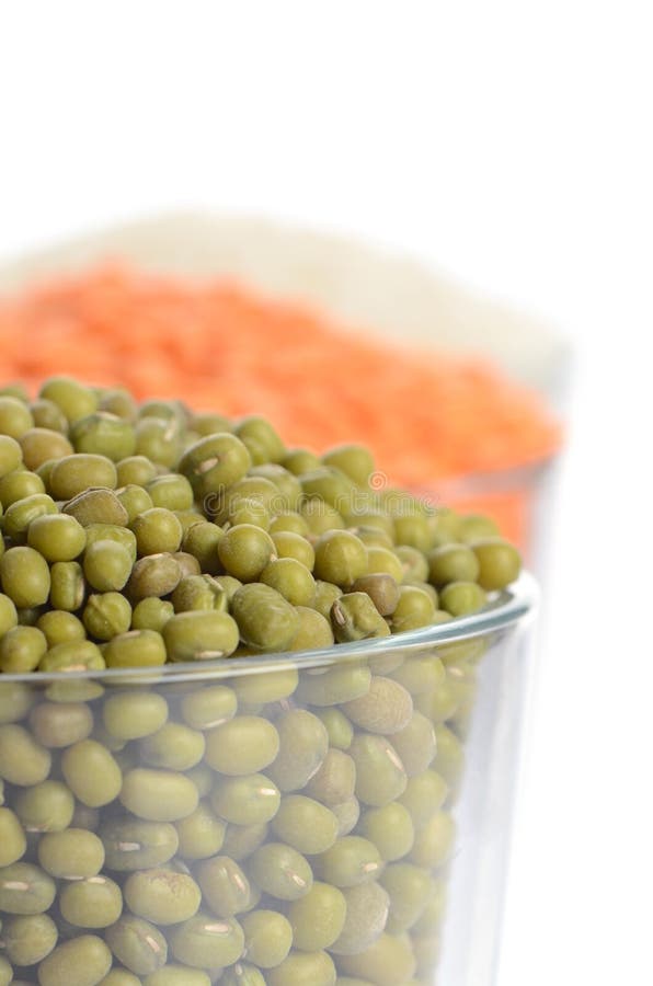 Vidros completos com mung, lentilha e arroz imagens de stock royalty free