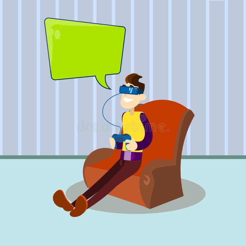 Vidros de controle remoto de Digitas do desgaste do console da posse do homem na bolha do bate-papo do jogo de vídeo do computado ilustração stock Vidros de controle remoto de Digitas do desgaste do console da posse do homem na bolha do bate-papo do jogo de vídeo do computado ilustração stock
