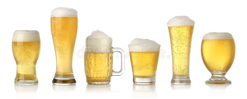 Different glasses of cold lager beer isolated on white. Different glasses of cold lager beer isolated on white