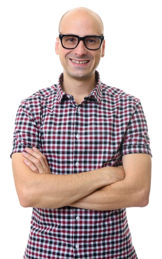 Vidros vestindo de sorriso do homem calvo considerável Isolado imagens de stock royalty free Vidros vestindo de sorriso do homem calvo considerável Isolado imagens de stock royalty free