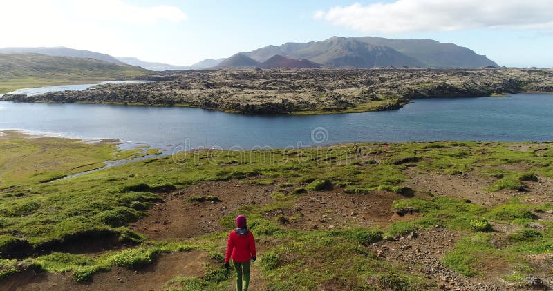 Vidéo aérienne du drone de l'Islande de personne augmentant avec le paysage de la nature une vue sur le lac banque de vidéos