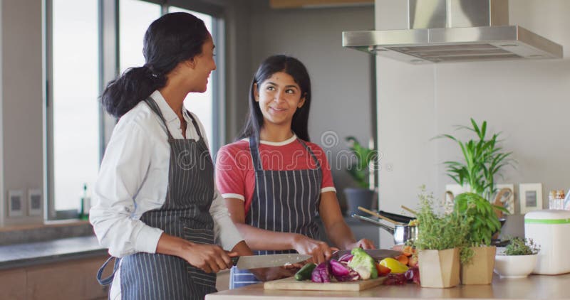 Vidéo d'amies féminines, heureuses et diverses, coupant des légumes et préparant des repas banque de vidéos