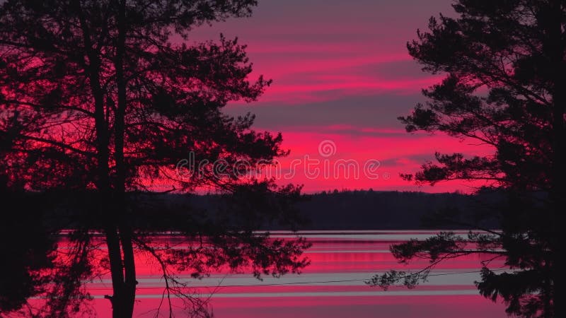 Vidéo panoramique de l'orange rouge brûlant le ciel de minuit après le coucher du soleil. lumière nuits d'été proche du milieu de clips vidéos