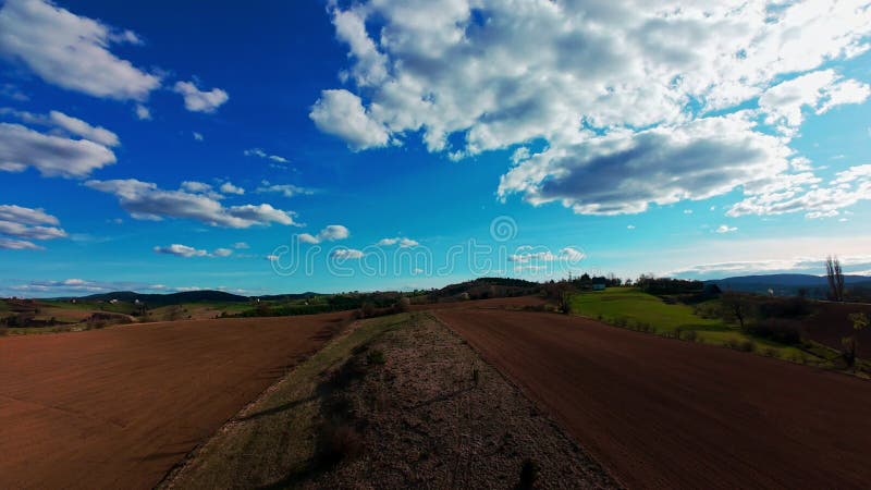 Vidéo verticale FPV drone vue banque sur des champs verts vibrants et campagne ondulante sous ciel bleu vif avec banque de vidéos