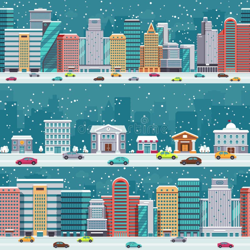 Vie della città di inverno con le automobili e le costruzioni Paesaggi urbani di notte di Natale