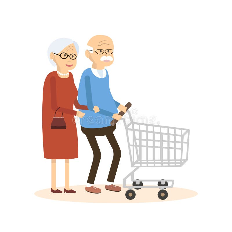 Vieil homme et femme avec le caddie illustration stock Vieil homme et femme avec le caddie illustration stock