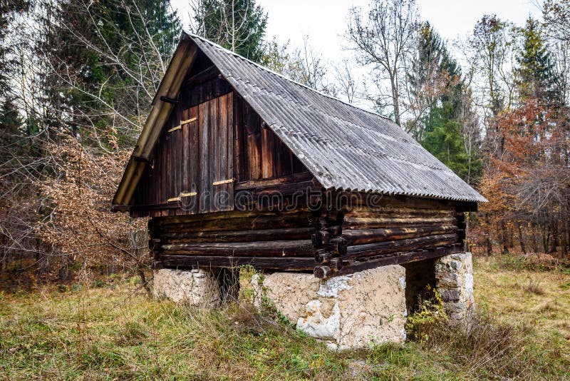 Vieille carlingue en bois abandonnée de maison dans les bois en Slovénie photographie stock Vieille carlingue en bois abandonnée de maison dans les bois en Slovénie photographie stock