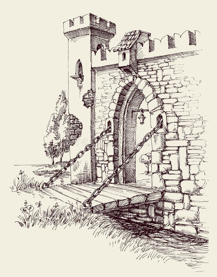 Vieille citadelle porte en pierre pont en bois sur le fleuve illustration libre de droits
