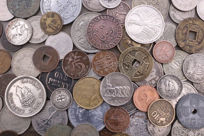 Old foreign coin collection, close up. Old foreign coin collection, close up