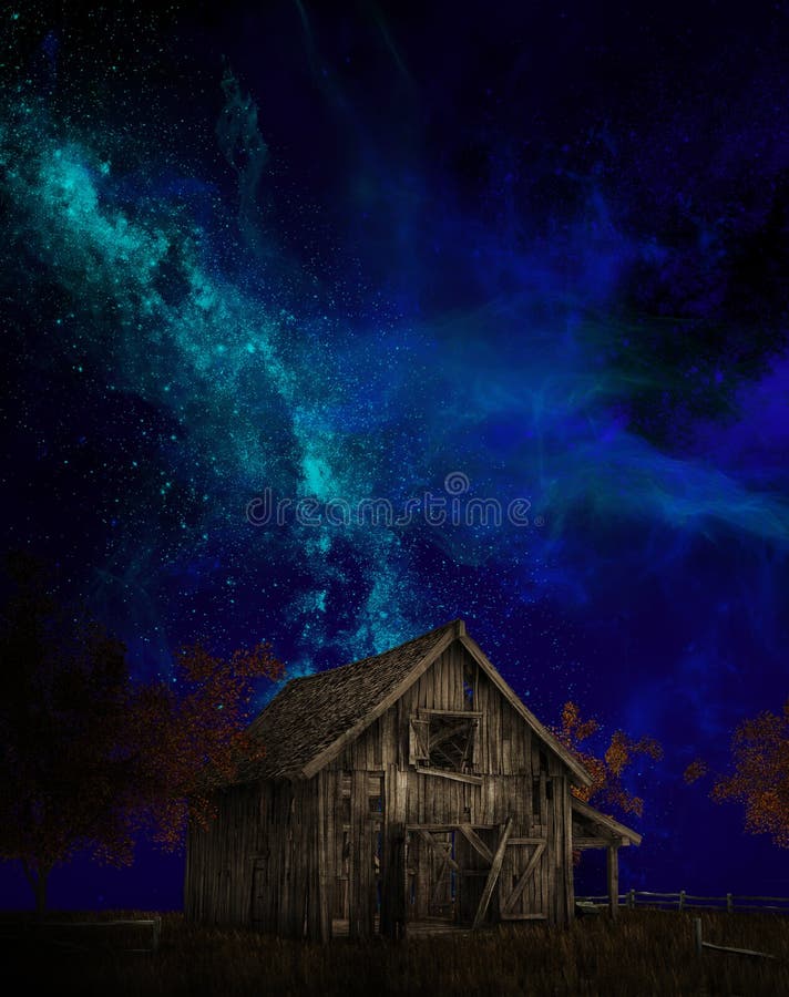 Illustration of an old farm barn with a night sky of stars and the Milky Way. Illustration of an old farm barn with a night sky of stars and the Milky Way.