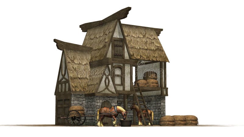 Vieille grange et chevaux de cheval - d'isolement sur le fond blanc illustration de vecteur Vieille grange et chevaux de cheval - d'isolement sur le fond blanc illustration de vecteur