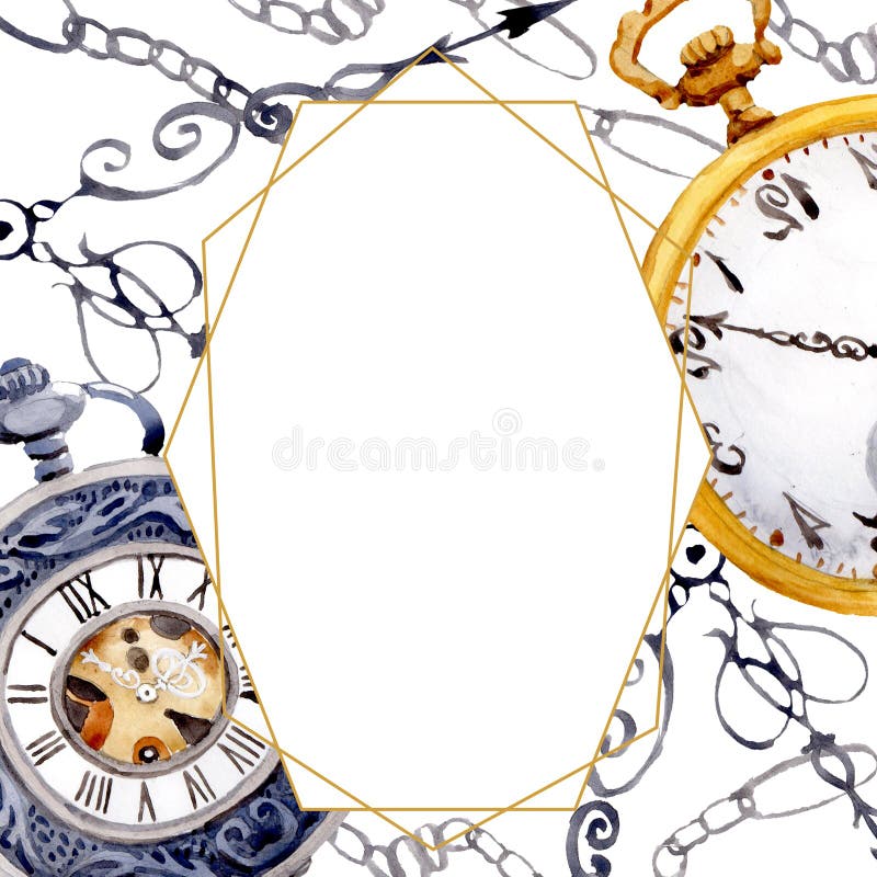 Vieille montre de poche d'horloge de cru Ensemble d'illustration de fond d'aquarelle Place d'ornement de fronti?re de vue illustration stock Vieille montre de poche d'horloge de cru Ensemble d'illustration de fond d'aquarelle Place d'ornement de fronti?re de vue illustration stock