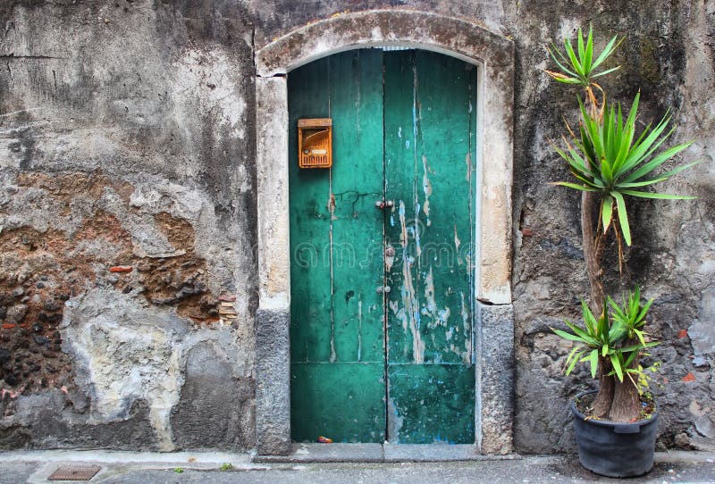 Photo of facade oh old house with green door and palm. Photo of facade oh old house with green door and palm