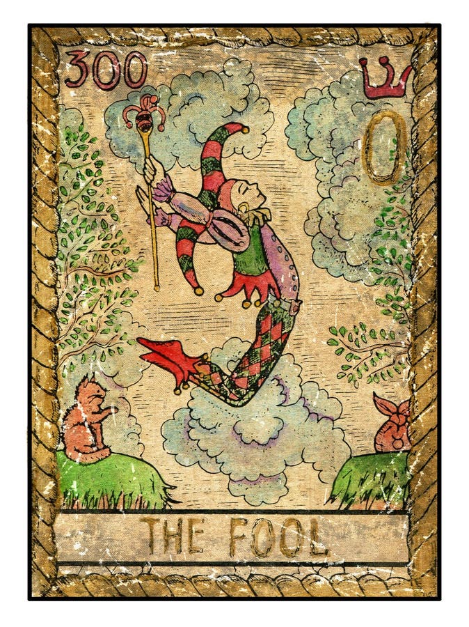Vieilles cartes de tarot Pleine plate-forme L'imbécile illustration de vecteur Vieilles cartes de tarot Pleine plate-forme L'imbécile illustration de vecteur