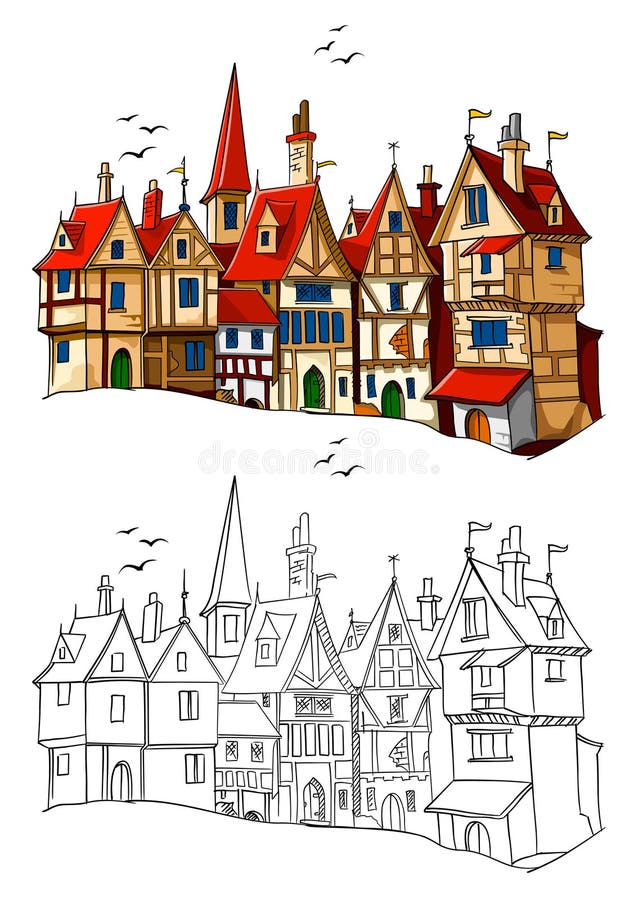 Vieja ilustración europea del vector de la ciudad
