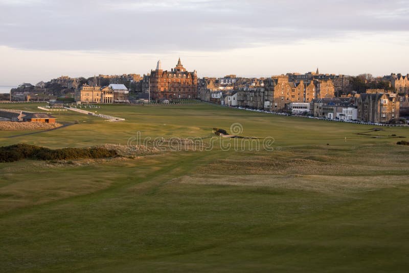 View of the 1st and 18th holes on the Old Course at St Andrews. View of the 1st and 18th holes on the Old Course at St Andrews