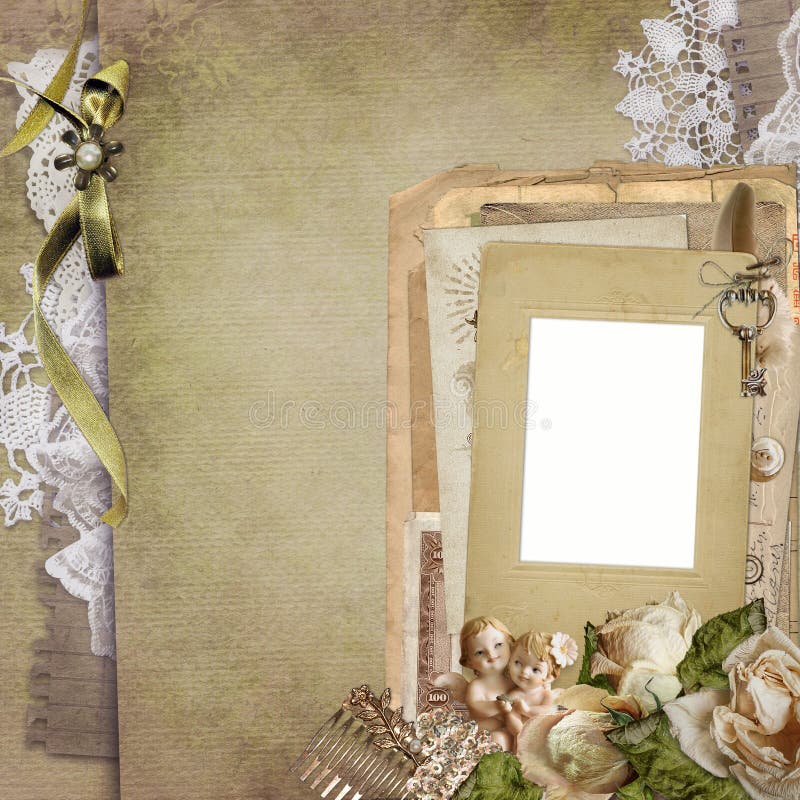 Frame for photos, old letters, postcards, withered roses, lace on an old vintage background. Frame for photos, old letters, postcards, withered roses, lace on an old vintage background