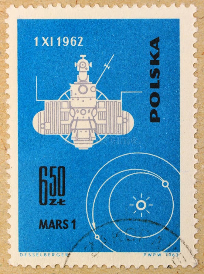 Viejo sello de los posts de Polonia, dedicado a la exploración espacial y a los primeros satélites